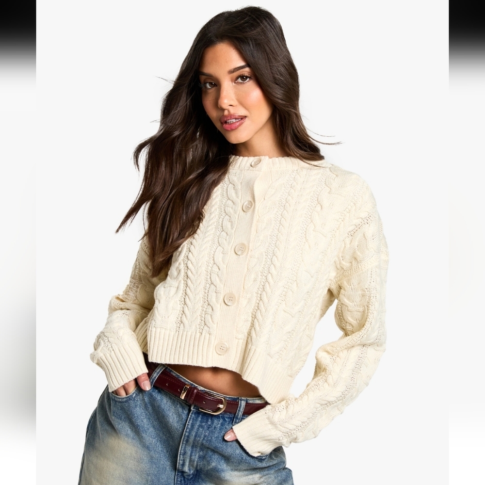 Willow And Wind Cropped Cable Knit Cardigan Cream Size Large